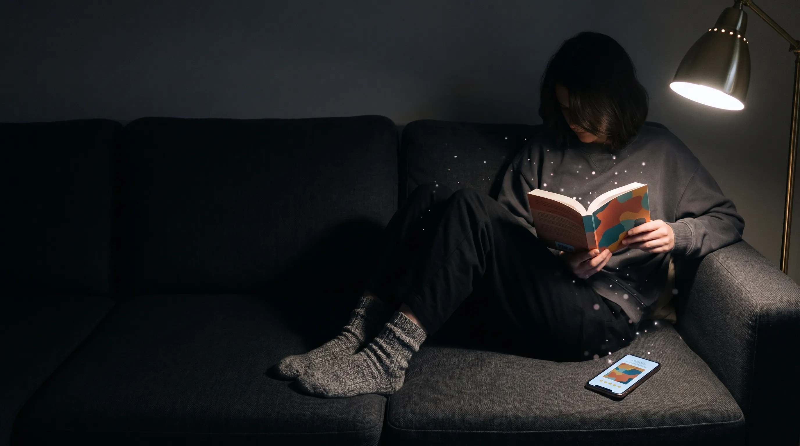 Someone curled up on a sofa under a lamp, reading a book, with their phone face up beside them